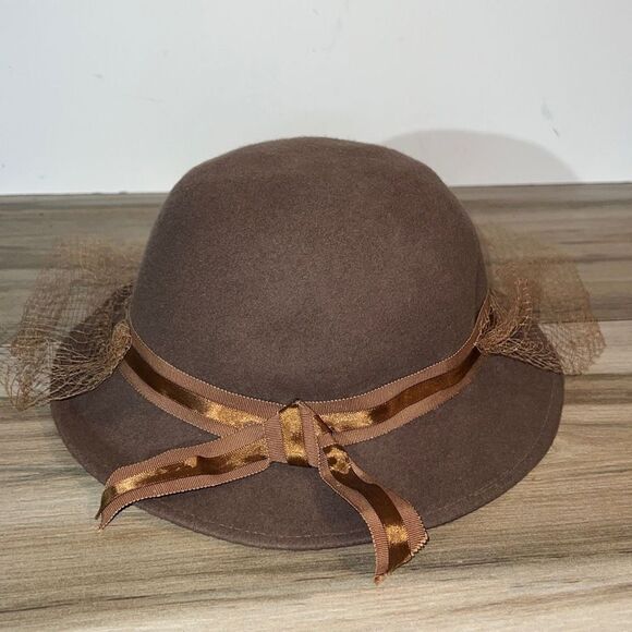 1950s Lancaster Wool Felt Brimmed Hat Brown Felt With Lace Trim - Picture 4 of 6